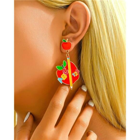 Colorful Teacher Earrings Pencil Apple Drop Dangle Back To School Gift Jewelry - Picture 5 of 8
